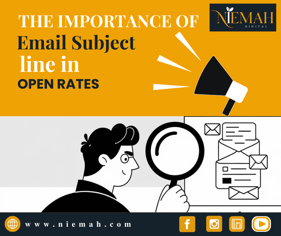 Visual representation of the importance of email subject lines in open rates, featuring a person analyzing emails with a magnifying glass and a megaphone symbol. Niemah digital.