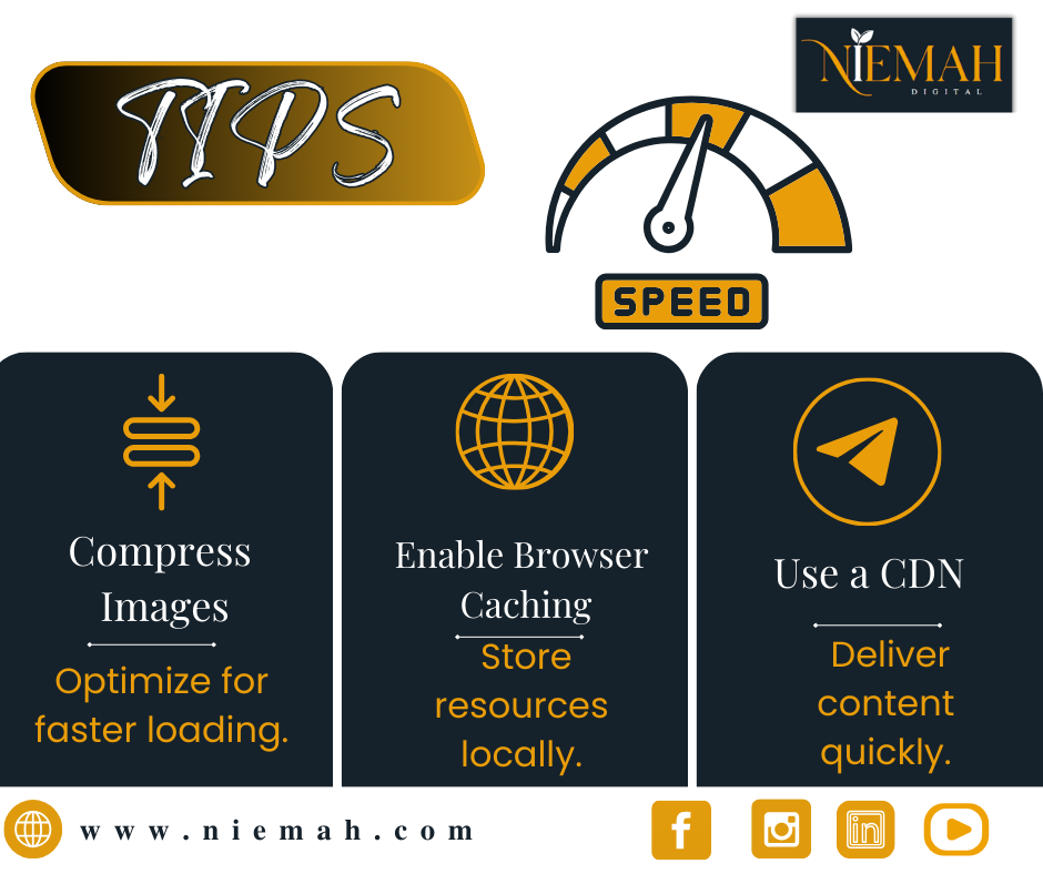 Compress images, enable browser caching, and use a Content Delivery Network (CDN) to fix common website mistakes and speed up loading times.