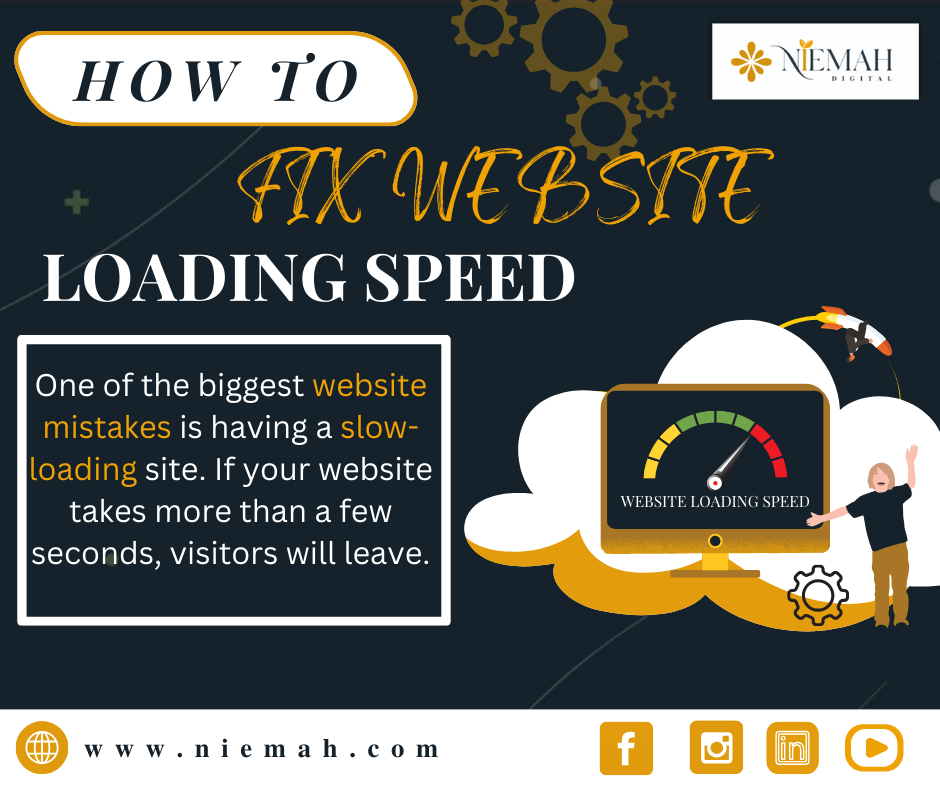 Common Website Mistakes and Digital Optimization Tips by Niemah Digital: Compress images, enable browser caching, and use CDN for faster website loading to boost site performance.
