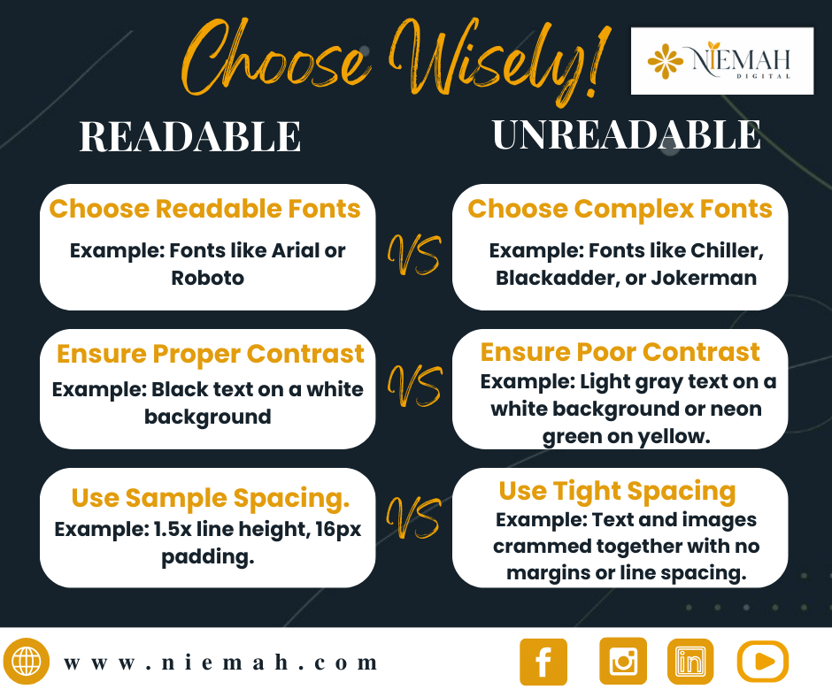 Comparison of good vs bad web design choices showing common website mistakes: Left features readable fonts (Arial/Roboto), proper contrast, and spacing. Right displays unreadable fonts (Chiller/Blackadder).