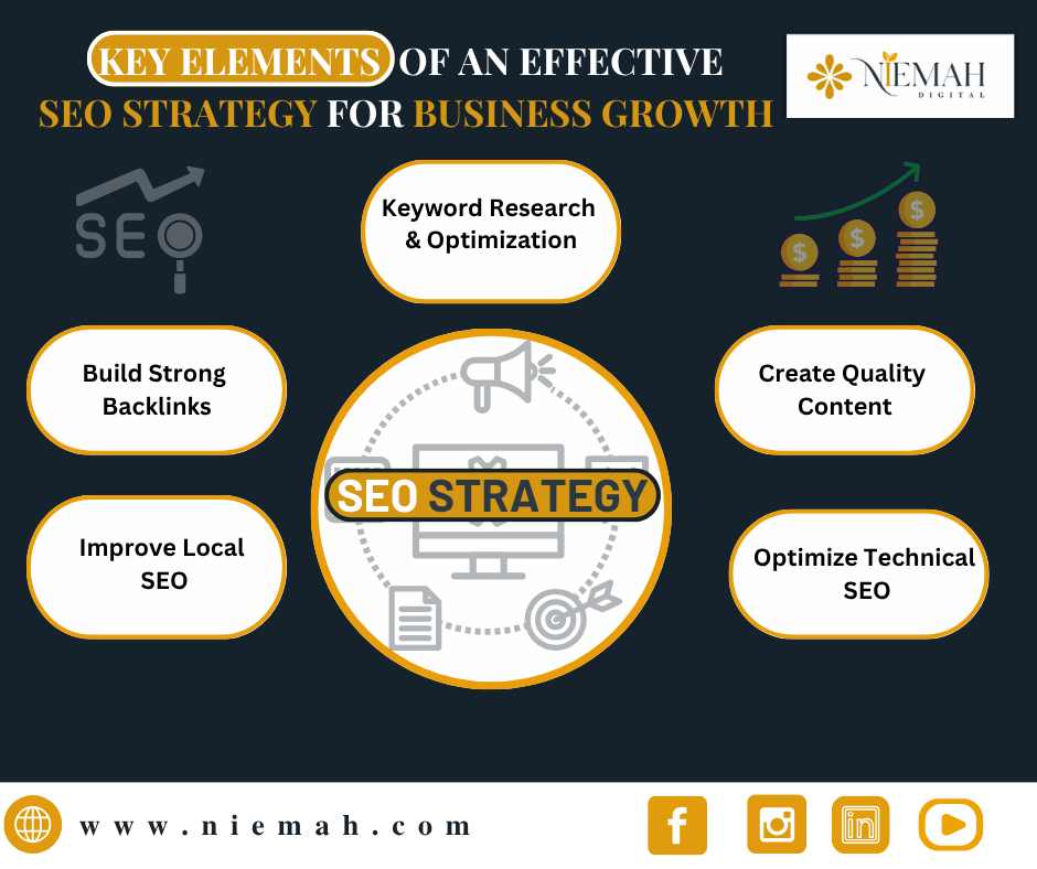 Infographic by Niemah Digital showing SEO strategy elements like backlinks and local SEO to support business growth with SEO and higher visibility.